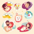 Sleep design concept. Cartoon alarm clock, insomnia, pillow, sleeping boy and girl Royalty Free Stock Photo