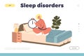 Sleep disorder concept of landing page with young sleepless girl on bed suffering from insomnia