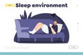 Sleep environment concept of landing page with man on sofa with smartphone scroll social media