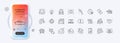 Sleep, Graph phone and Scroll down line icons for web app. Pictogram icon. Phone mockup gradient screen. Vector