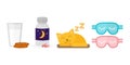 Sleep icon vector illustration sleeping pills milk glass cookies biscuit bottle sleeping cat blindfold Royalty Free Stock Photo