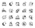 Sleep icons. Sleeping pillow, Night bed and Insomnia sleeplessness icons. Vector