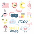 Sleep and insomnia doodle set. Cute emblems in pastel colors pillow, moon and stars, eyemask and alarm with hand drawn lettering