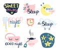 Sleep and insomnia doodle set. Cute emblems in pastel colors pillow, moon and stars, eyemask and alarm with hand drawn lettering