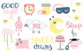 Sleep and insomnia doodle set. Cute emblems in pastel colors pillow, moon and stars, eyemask and alarm with hand drawn lettering