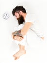 Sleep like kid concept. Man with beard and mustache