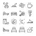 Sleep line icon set. Included the icons as insomnia, sleepless, bed, bedtime, sleepwalk, night, sleeping pill and more. Royalty Free Stock Photo