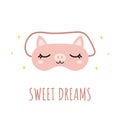 Sleep mask with cute pig. Eye protection accessory with animal. Nightwear for sleeping, dreaming and relaxation. Sweet