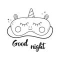 Sleep mask unicorn. Lettering time to sleep. Vector illustration. Doodle style. Kids lettering.