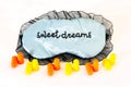 Sleep mask on white Sweet dreams ear plugs Royalty Free Stock Photo