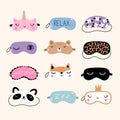 Sleep masks icon set. Blindfold classic and animal shaped - unicorn, bear, fox, panda. Vector illustration