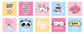 Sleep masks and quotes. Cute eyemasks. Cards, baby room posters, pajama party. Kawaii illustration. Royalty Free Stock Photo