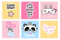 Sleep masks and quotes. Vector cards collection. Blindfold classic and animal shaped - rabbit, panda. Cute eyemasks.