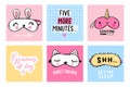 Sleep masks and quotes. Vector cards collection. Blindfold classic and animal shaped - unicorn, cat, rabbit.