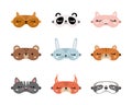 Sleep masks set with cute animals. Eye protection accessories. Nightwear for sleeping, dreaming and relaxation. Funny