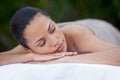 Sleep, massage and a woman on a spa bed for stress relief, luxury relaxation and wellbeing in nature. Relax, calm and a Royalty Free Stock Photo