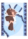 Sleep people on bed. Character lying posture during night slumber. Top view asleep girl with bear at bedroom. Female