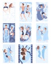 Sleep people on bed. Set of character lying in different postures during night slumber. Top view person sleeping in bed