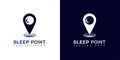 Sleep Point Logo Design. With crescent moon, stars, and pin point icon. Hotel logo. On white, blue, and navy blue colors. Simple,