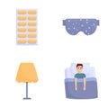 Sleep problem icons set cartoon vector. Man lies in bed and cannot sleep Royalty Free Stock Photo