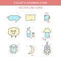 Sleep problems and insomnia symbols. Color icon set in line style