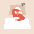 Sleep problems. Tired elderly woman lying in bed and suffer from headache. Insomnia or sleep disorder concept. Vector