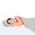 Sleep, rest, dream concept. Young serene tired calm smiling woman or girl cartoon character sleeping lying on bed at room home and