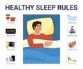 Sleep rules. night stages infographic sleep male characters good bad time. Vector insomnia concept illustrations