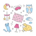 Sleep set in doodle style. Good night symbols - moon, lamp, sleeping cat, pillow and more. Vector illustration