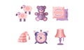 Sleep time, objects for sleep, sheep, teddy bear, pillows, nightcap, alarm clock, lamp, good night flat vector Royalty Free Stock Photo