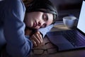 Sleep, tired and business woman in office resting after working late on laptop at night. Sleeping, relax and female Royalty Free Stock Photo
