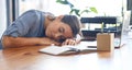 Sleep, tired and insomnia with business woman and fatigue, corporate burnout and employee sleeping on desk. Working Royalty Free Stock Photo