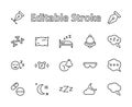 Sleep Vector Line Icons Set. Contains such Icons as Alarm Clock, Bed, Insomnia, Pillow, Sleeping Pills, Bell, Glasses