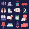 Sleep vector nignt time related vector icons set button human clock sleep icons hostel bedding relaxation. Bedroom art Royalty Free Stock Photo