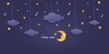 Sleep well. Night sky. Clouds, crescent moon with stars. Cartoon paper cut, dark blue sky background Royalty Free Stock Photo