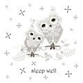 Sleep well owls monochrome banner. Two cute cartoons owl sleep on branch stock vector illustration