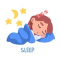 Sleep Word, the Verb Expressing the Action, Children Education Concept, Cute Sleeping Girl Cartoon Style Vector