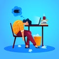 Sleep on workplace. Tired man asleep at computer by stress in home or office. Exhausted employee sitting at table Royalty Free Stock Photo