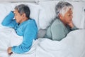 Sleeping, above and a senior couple in a bed with fatigue in a marriage together. Top view, relax and a tired elderly Royalty Free Stock Photo