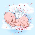 Sleeping angel baby in the cloud and plenty of hearts Royalty Free Stock Photo