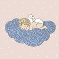Sleeping angel on cloud. Vector hand drawn illustration with sle