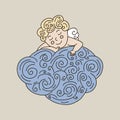 Sleeping angel on cloud. Vector hand drawn illustration with sleeping angel. Cute cartoon character angel.