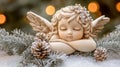 Sleeping Angel Figurine with Pine Cones and Snow Royalty Free Stock Photo