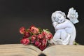 Sleeping angel and roses on old book Royalty Free Stock Photo