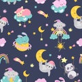 Sleeping animals background. Cute animal sleep, baby night dream fabric print. Cartoon rabbit fox, cute koala sloth on