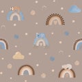 Sleeping Animals and rainbows seamless pattern. Cute little koala, hippo and sloth, baby pattern, hand drawn illustration
