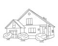 Sleeping area, private house or cottage. Line drawing of House with bushes. Abstract country wooden house in minimalism Royalty Free Stock Photo