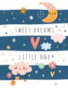 Sleeping baby animal card. Sweet dreams. Sleepy cloud and crescent with funny faces. Night relaxation. Cute kids sky Royalty Free Stock Photo