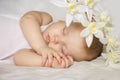 Sleeping baby. Cute kid sleeping on bed in bedroom. ÃÂ¡hild sleeps and sees a dream