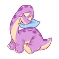 Sleeping baby dino with pillow. Vector hand drawn illustration of small dinosaur. For poster, banner, logo, icon, greeting card.